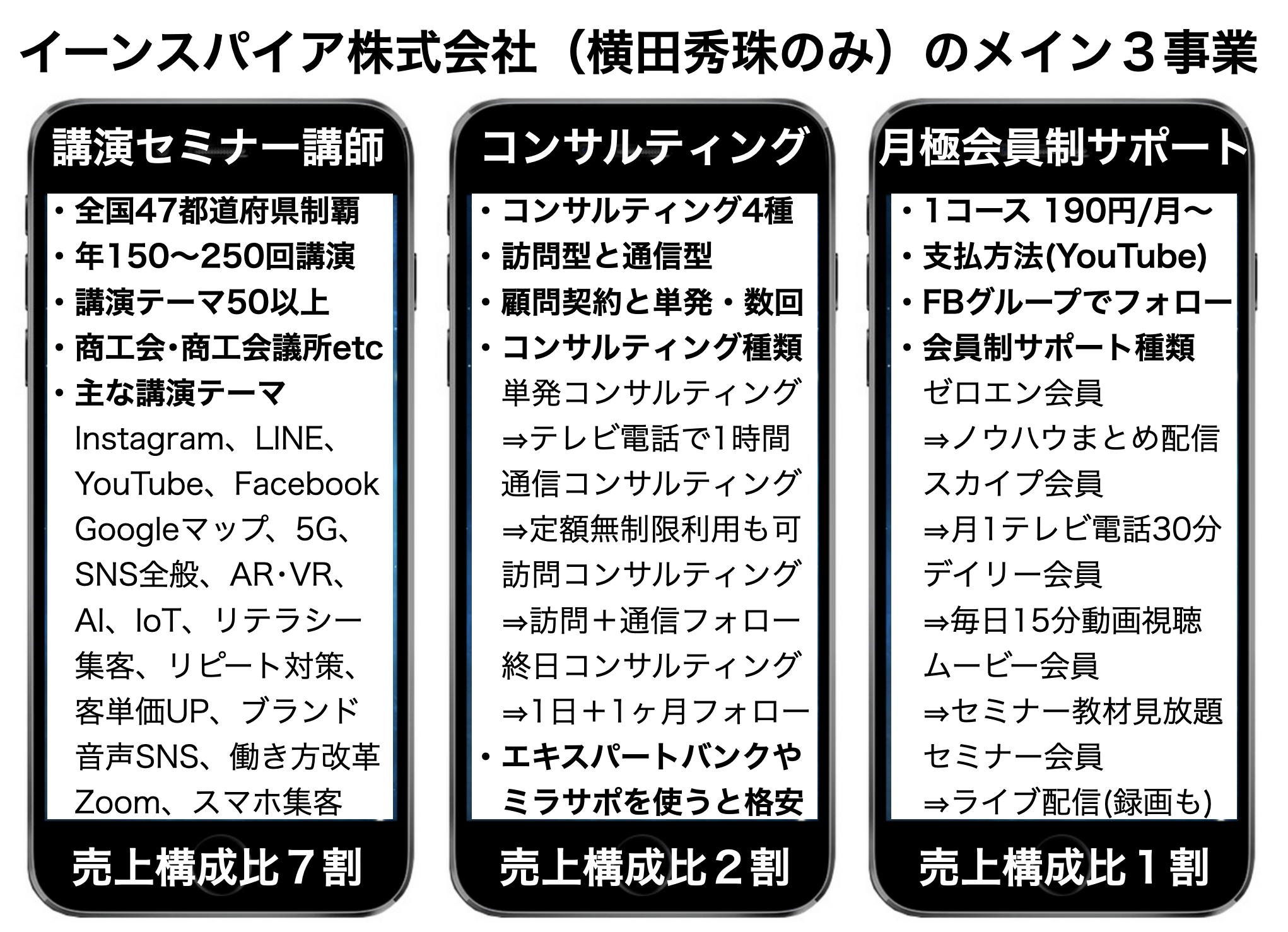 イーンスパイア株式会社（横田秀珠のみ）のメイン３事業